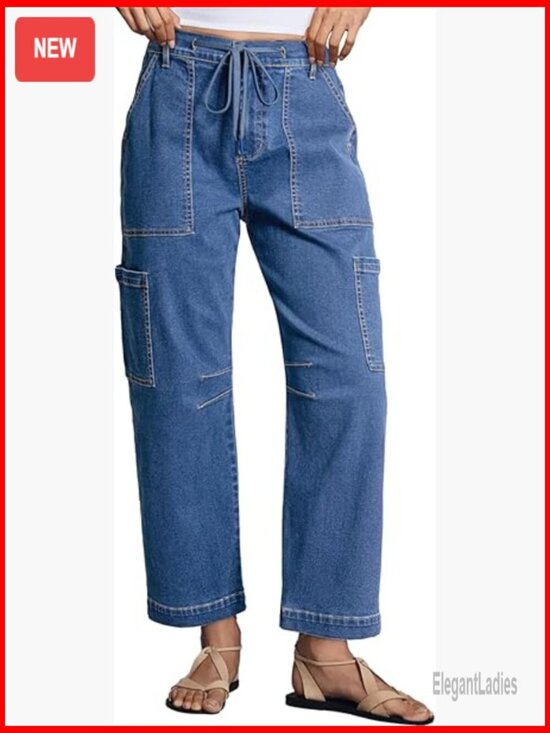 Denim - High Waisted Straight Wide Leg Cargo Jeans Loose Fit Cotton Denim Pants